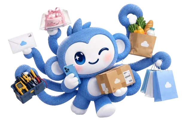 The Vinci mascot with many arms, holding groceries, a parcel, shopping bags, a toolbox, a letter and a cake at once