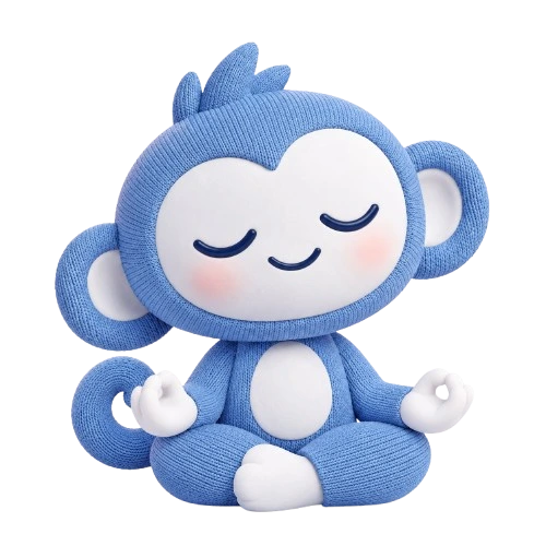 The Vinci mascot, a knitted blue monkey, meditating calmly